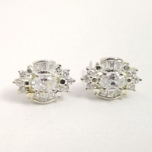 Vintage Sterling Silver CZ Cluster Stud Earrings, Sparkly Rhinestone Estate - Picture 2 of 7